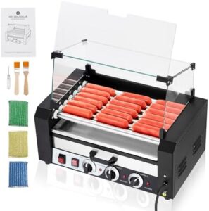 Here is the meta description:

"Grill up to 18 hot dogs at once with Litake's Hot Dog Roller, featuring 7 rollers and a large capacity. Includes oil drip tray and dual temp control for perfect results."