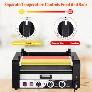 Here is the meta description:

"Grill up to 18 hot dogs at once with Litake's Hot Dog Roller, featuring 7 rollers and a large capacity. Includes oil drip tray and dual temp control for perfect results."