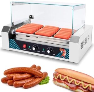 Here is the generated SEO meta description:

"Effortlessly cook up to 18 hot dogs with this electric grill maker featuring dual temp control, removable drip tray and stainless steel rollers. Perfect for indoor use with a dust cover included."