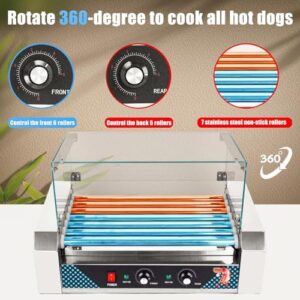 Here is the generated SEO meta description:

"Effortlessly cook up to 18 hot dogs with this electric grill maker featuring dual temp control, removable drip tray and stainless steel rollers. Perfect for indoor use with a dust cover included."