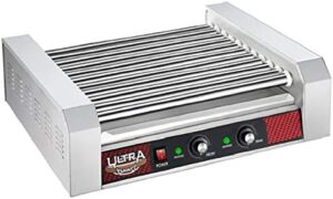 Here is the optimized SEO meta description:

"Make up to 30 hot dogs, brats, or sausages with ease using this countertop roller machine featuring dual temperature zones and a compact design."