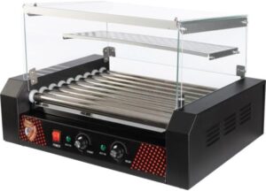 Here is the optimized meta description:

"Roll 24 hot dogs with ease using this stainless steel hot dog roller machine featuring a bun warmer and cover. Perfect for parties and outdoor gatherings."