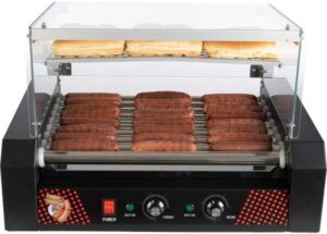 Here is the optimized meta description:

"Roll 24 hot dogs with ease using this stainless steel hot dog roller machine featuring a bun warmer and cover. Perfect for parties and outdoor gatherings."