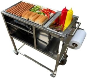 Here is the optimized SEO meta description:

"Revolutionize street food with this hot dog cart featuring a stainless steel base, aluminum griddle, and butane-powered stove. Perfect for events, catering, and vending - compact and portable design."