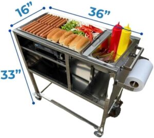 Here is the optimized SEO meta description:

"Revolutionize street food with this hot dog cart featuring a stainless steel base, aluminum griddle, and butane-powered stove. Perfect for events, catering, and vending - compact and portable design."