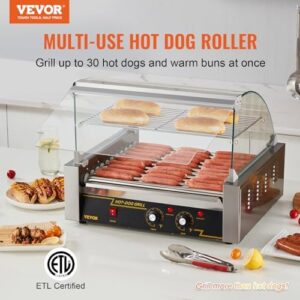 Experience the ultimate hot dog roller experience with VEVOR's 11-roller machine, cooking up to 30 dogs at once. With dual temp control and a glass hood, you'll be grilling like a pro!