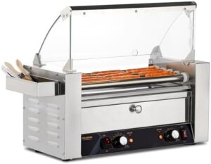 Grill hot dogs with ease using the ROVSUN 12 Hot Dog Roller, featuring 5 rollers, dual temp control, and LED lighting. Perfect for parties or everyday use, this ETL certified machine includes a bun warmer, cover, and removable tray.