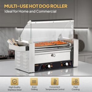 Grill hot dogs with ease using the ROVSUN 12 Hot Dog Roller, featuring 5 rollers, dual temp control, and LED lighting. Perfect for parties or everyday use, this ETL certified machine includes a bun warmer, cover, and removable tray.