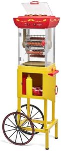 Discover the Nostalgia Oscar Mayer Hot Dog Ferris Wheel, a retro-style hot dog roller cart with 6-piece grill machine and bun warmer. Perfect for backyard gatherings, this toaster features push handle, wheels, transparent housing, and storage compartment. Limited time offer: get 15% off your order!