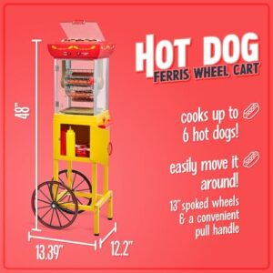 Discover the Nostalgia Oscar Mayer Hot Dog Ferris Wheel, a retro-style hot dog roller cart with 6-piece grill machine and bun warmer. Perfect for backyard gatherings, this toaster features push handle, wheels, transparent housing, and storage compartment. Limited time offer: get 15% off your order!
