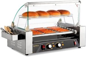 Here is the optimized SEO meta description:

"Grill hot dogs with ease using this 18 Hot Dog 7 Roller cooker machine, featuring dual temp control and LED lighting. Perfect for home parties or commercial use, it includes a cover, removable shelf, and drip tray."