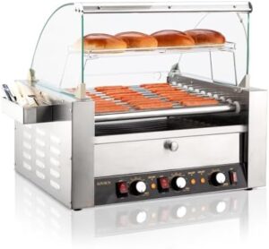 Here is the optimized SEO meta description:

"Effortlessly cook and warm hot dogs with the ROVSUN 30 Hot Dog Roller, featuring dual temp control, LED light, removable shelf & drip tray. Perfect for parties and commercial use."