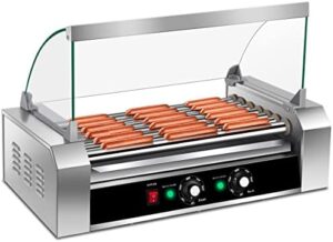 Discover the Giantex hot dog roller machine with 7 non-stick rollers, ideal for grilling and cooking sausage. Includes stainless steel drip tray and glass hood cover, perfect for household or commercial use. Cook up to 18 hot dogs at once!