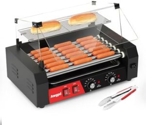 Here is the generated meta description:

"Grill up to 18 hot dogs with ease using this Hot Dog Roller, featuring 7 rollers, dual temp control, and a glass hood. Perfect for sausages, buns warm on the shelf, and easy cleanup with the removable oil drip tray."