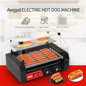 Here is the generated meta description:

"Grill up to 18 hot dogs with ease using this Hot Dog Roller, featuring 7 rollers, dual temp control, and a glass hood. Perfect for sausages, buns warm on the shelf, and easy cleanup with the removable oil drip tray."