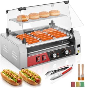 Here is the generated SEO meta description:

"Maximize hot dog sales with the FOHERE Hot Dog Roller, featuring 7 rollers, 1050W power, and dual temp control. Prepare up to 24 hot dogs with ease. Perfect for commercial or party use."
