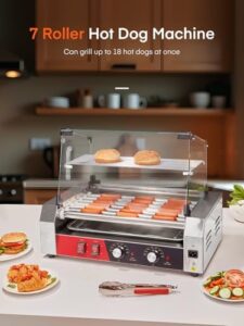 Here is the generated SEO meta description:

"Maximize hot dog sales with the FOHERE Hot Dog Roller, featuring 7 rollers, 1050W power, and dual temp control. Prepare up to 24 hot dogs with ease. Perfect for commercial or party use."