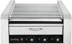 Get ready for a sizzling hot dog experience with this commercial-grade grill cooker featuring 11 non-stick rollers, bun warmer drawer, and removable stainless steel drip tray. Perfect for backyard gatherings or street food vendors!