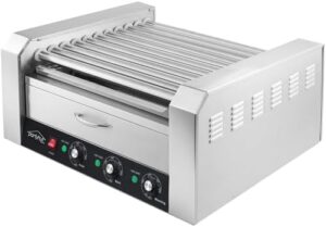 Get ready for a sizzling hot dog experience with this commercial-grade grill cooker featuring 11 non-stick rollers, bun warmer drawer, and removable stainless steel drip tray. Perfect for backyard gatherings or street food vendors!