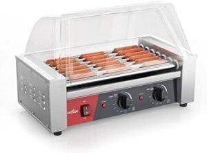 Here is the generated SEO meta description:

"Grill hot dogs with ease using the CROSSON Hot Dog Roller Grill Cooker, featuring 7 nonstick rollers and dual temp control. Perfect for commercial use or backyard gatherings."
