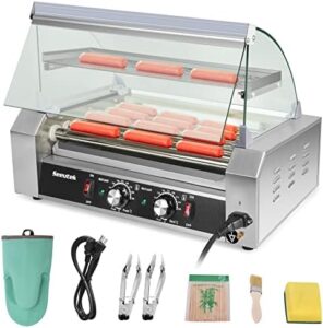 Toasting perfection with the Seeutek Hot Dog Roller! 7 rollers, 24 hot dog capacity, and dual temp control. Enjoy effortless toasting with LED light, glass hood, and removable oil drip tray. Perfect for hot dog enthusiasts!