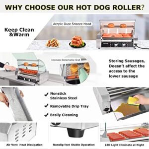 Toasting perfection with the Seeutek Hot Dog Roller! 7 rollers, 24 hot dog capacity, and dual temp control. Enjoy effortless toasting with LED light, glass hood, and removable oil drip tray. Perfect for hot dog enthusiasts!