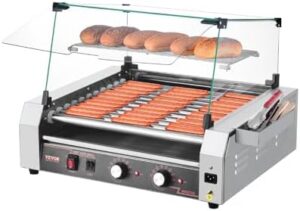 Here is the generated SEO meta description:

"Commercial-grade hot dog roller with 30 rollers and dual temp control. Compact design with side storage, removable shelf, and oil drip tray. Perfect for busy events or food trucks."