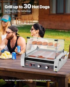 Here is the generated SEO meta description:

"Commercial-grade hot dog roller with 30 rollers and dual temp control. Compact design with side storage, removable shelf, and oil drip tray. Perfect for busy events or food trucks."