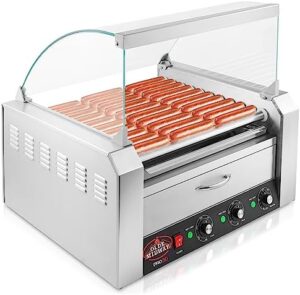 Discover the Olde Midway Electric 30 Hot Dog 11 Roller Grill Cooker Machine, perfect for commercial use. Sear hot dogs with ease and keep buns warm in the included drawer.