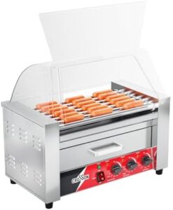 Discover the CROSSON Hot Dog 7 Roller grill cooker machine with bun warmer and sneeze guard. Perfect for commercial use, this non-stick roller grill features 7 cooking surfaces and a transparent sneeze guard for easy cleaning.
