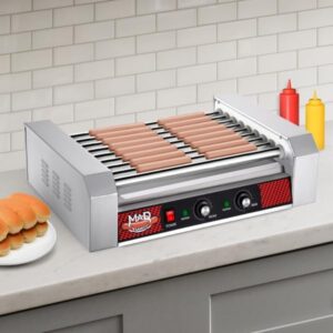 Here is the generated SEO meta description:

"Cook up to 24 hot dogs at once with this stainless steel cooker featuring 9 rollers. Perfect for concession stands and backyard gatherings."