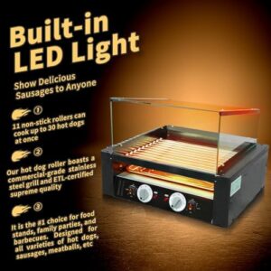 Here is the optimized SEO meta description:

"Grill up to 30 hot dogs at once with this powerful 1650W stainless steel machine featuring dual temp control and LED warm light. Perfect for parties, BBQs, and commercial use."