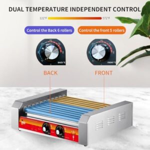 Here is the optimized meta description:

"11 hot dog rollers for fast and efficient grilling, stainless steel construction with dual temp control and LED light, detachable drip tray included. Perfect for commercial use."