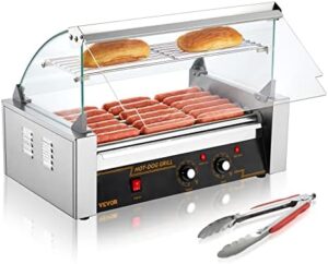 "Upgrade your backyard cookouts with the VEVOR Hot Dog Roller, featuring 7 rollers and 18 hot dogs capacity. Grill sausage to perfection with dual temp control and enjoy convenient features like glass hood, acrylic cover, bun warmer shelf, removable oil drip tray, and ETL certification."