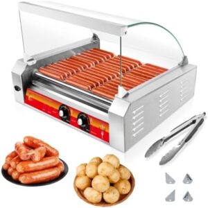 Mastering snack time with the Vexon 1670W Hot Dog Roller Grill, featuring 11 non-stick stainless steel rollers and a removable glass cover for convenient snacking at home or on-the-go. Hold up to 30 hot dogs!