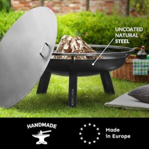 Elevate your outdoor gatherings with the Ember 32" Handcrafted Cooking Steel Fire Pit, featuring a cover lid and attachment for wood burning fireplace. Perfect for backyard grilling, camping, or campfires.