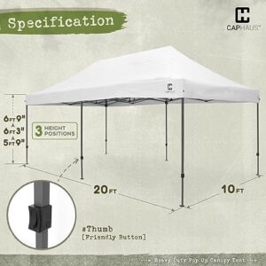 Here is the optimized meta description:

"Set up your outdoor space quickly with CAPHAUS' 10x20 ft pop-up canopy. Heavy-duty and portable, it's perfect for camping, patios or parties. Includes wheeled carry bag and weight bags. Get yours today and enjoy!"