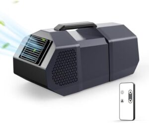 Stay cool on the go with this portable air conditioner, featuring 2416BTU cooling power, ultra-low energy consumption, and compact 14lb design for camping, RVs, pets, or outdoor events.