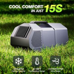 Stay cool on the go with this portable air conditioner, featuring 2416BTU cooling power, ultra-low energy consumption, and compact 14lb design for camping, RVs, pets, or outdoor events.