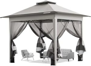 Enhance your outdoor living space with VIVOHOME's Pop Up Gazebo, a sturdy 10x10ft tent featuring mosquito netting and 2 tiers roof, perfect for patio, garden or backyard use.