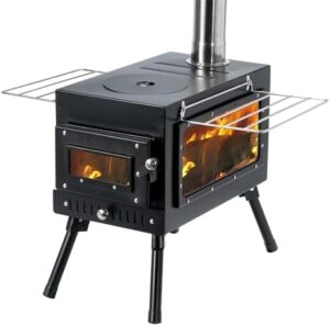 Here is the optimized SEO meta description:

"Portable wood burning stove for camping and outdoor use. Compact design with chimney pipe for heating and cooking in tents or shelters, perfect for adventure enthusiasts."