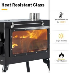Here is the optimized SEO meta description:

"Portable wood burning stove for camping and outdoor use. Compact design with chimney pipe for heating and cooking in tents or shelters, perfect for adventure enthusiasts."