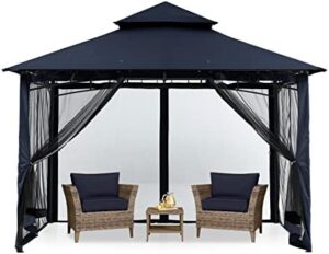 Here is the output:

"Elevate your outdoor living space with MasterCanopy's 8x8 Navy Blue Gazebo featuring a stable steel frame and netting walls, perfect for patios and backyards."