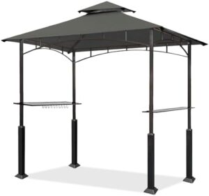 Enjoy your backyard gatherings with the Eurmax USA 5x8 Grill Gazebo Shelter, featuring a double-tier soft top canopy and steel frame with bar counters. Bonus LED lights included. Perfect for patio and outdoor BBQs!