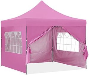 Perfect your outdoor events with the GDY 10x10 Ft Outdoor Pop Up Canopy Tent, featuring a pink canopy and wheeled carrying bag. Instant folding shelter for patios and gazebos, perfect for commercial or personal use.