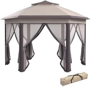 Here is the meta description:

"Set up your outdoor event in style with the Outsunny 13' x 13' Pop Up Gazebo, featuring a hexagonal canopy and six zippered mesh netting. Perfect for weddings, parties or backyard gatherings, enjoy discounts and save on this sturdy steel frame tent."