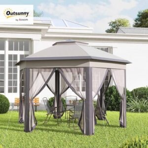 Here is the meta description:

"Set up your outdoor event in style with the Outsunny 13' x 13' Pop Up Gazebo, featuring a hexagonal canopy and six zippered mesh netting. Perfect for weddings, parties or backyard gatherings, enjoy discounts and save on this sturdy steel frame tent."