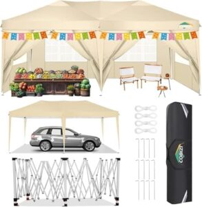 "Transform your outdoor space with the COBIZI 10x20 Pop up Canopy Tent, featuring 6 waterproof sidewalls and instant setup. Perfect for parties, weddings, or backyard gatherings - get ready to stay dry!"