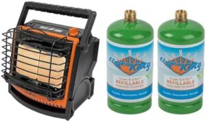 Stay warm and cozy with the Heat Hog 18,000 BTU portable propane heater for garage and outdoor use. Features safe refill option with reusable 1LB propane cylinder tank. Perfect for camping and indoor use.