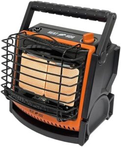 Stay warm and cozy with the Heat Hog 18,000 BTU portable propane heater for garage and outdoor use. Features safe refill option with reusable 1LB propane cylinder tank. Perfect for camping and indoor use.